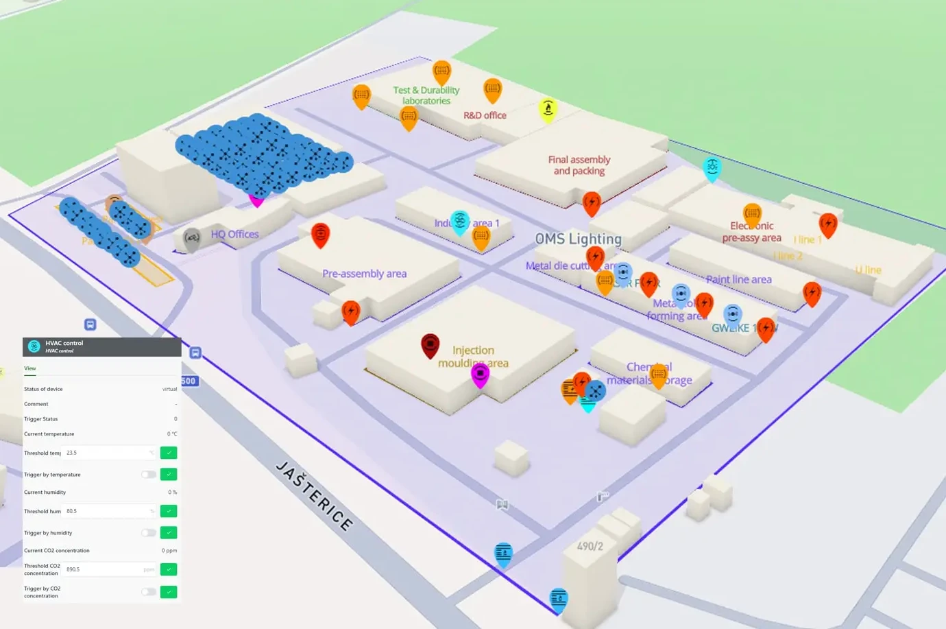 Mapa celého výrobního areálu s živými měřicími body
